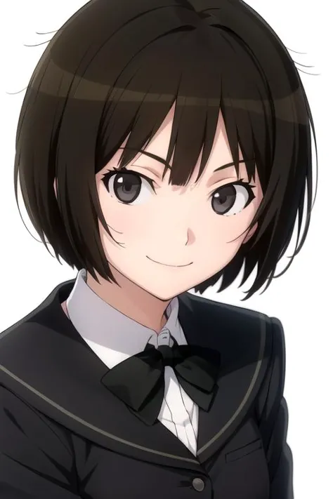 solo, 1girl, looking at viewer, 2D, anime, anime coloring, upper body, (solid white background:1.3), <lora:miya-amagami:0.8>, miya tachibana, kibito high school uniform, black jacket, black bow, looking at viewer, smile,