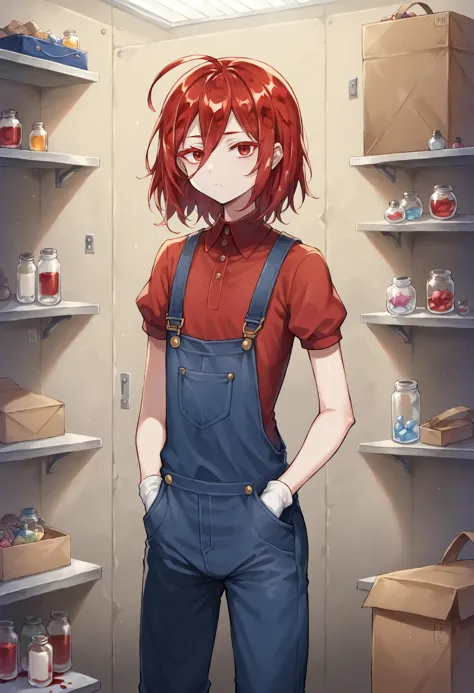 anime girl in overalls standing in front of shelves of food