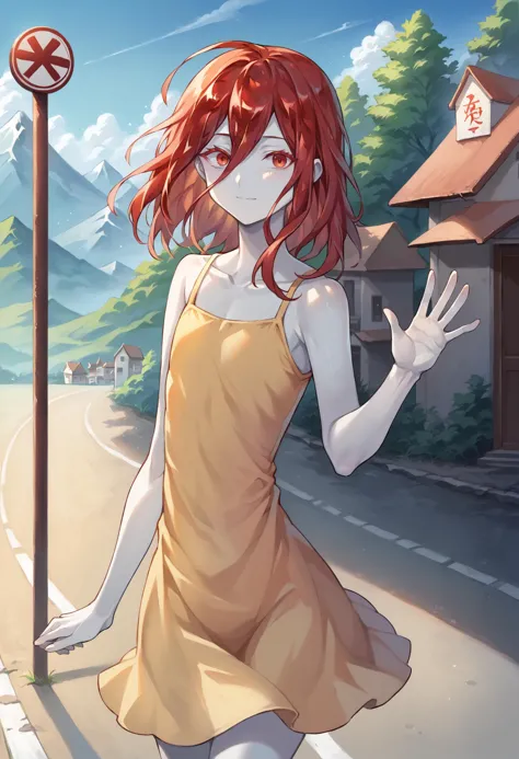 anime girl in a yellow dress walking down a street