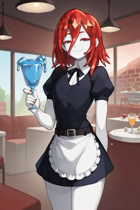 anime girl with red hair holding a blue glass in a restaurant