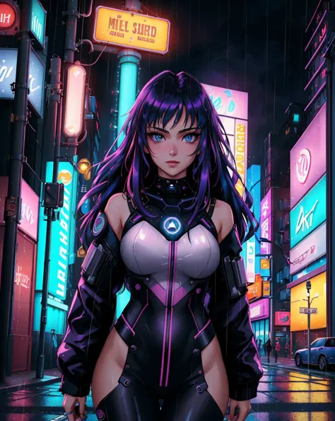 masterpiece, best quality, portrait of a 18yo woman ,  (neon lights rain streets cyberpunk cityscape:1.1) ,  color photo, cinema...