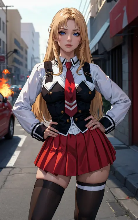 anime girl in uniform posing on street with fire in background