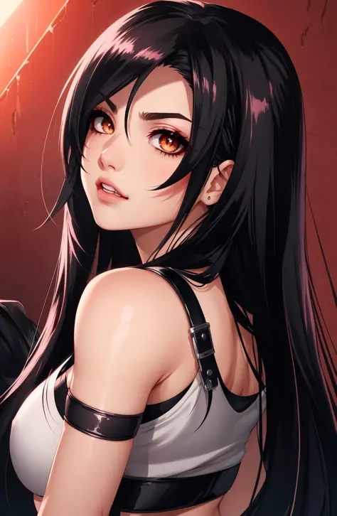 <lora:tifa-10:0.8>, tifa ff7, eyes, eyeshadow, pupils, eyebrows, nose, lips, teeth, face, hair, long hair, 1girl, solo