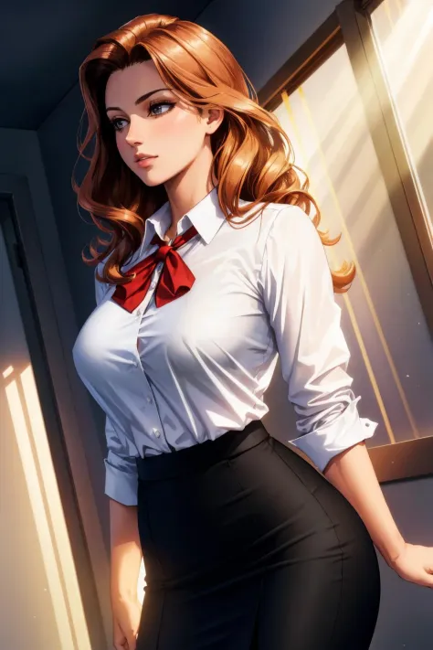 vivid hair, pencil skirt, blouse, light rays, god rays, muscular, realistic, breasts