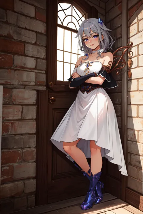 anime girl in white dress standing in doorway with blue shoes