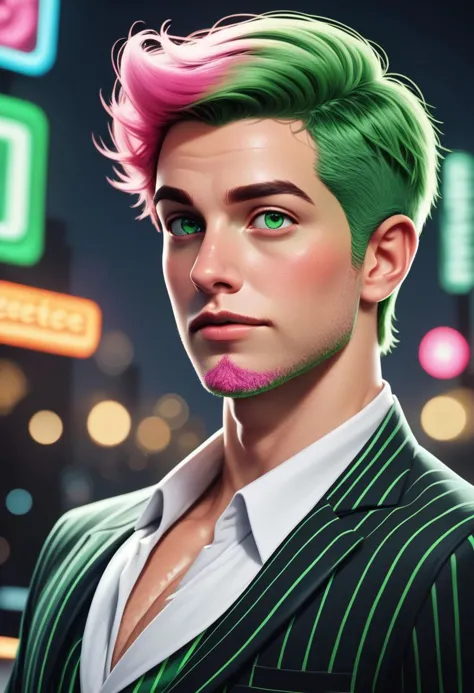 a man with green hair and pink hair in a suit