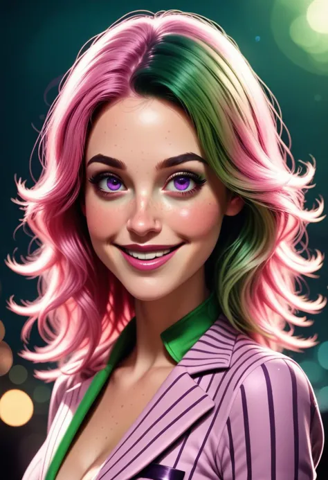 a woman with pink hair and green eyes is smiling