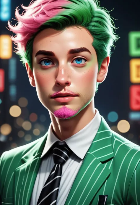 a close up of a person with a green suit and pink hair