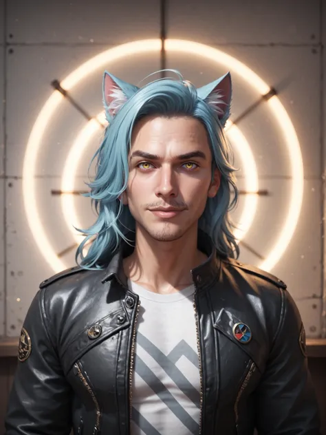 1boy, male focus, solo, cat ears, pastel light blue hair, jacket, long hair, stubble, facial hair, smirk, shirt, leather, lookin...