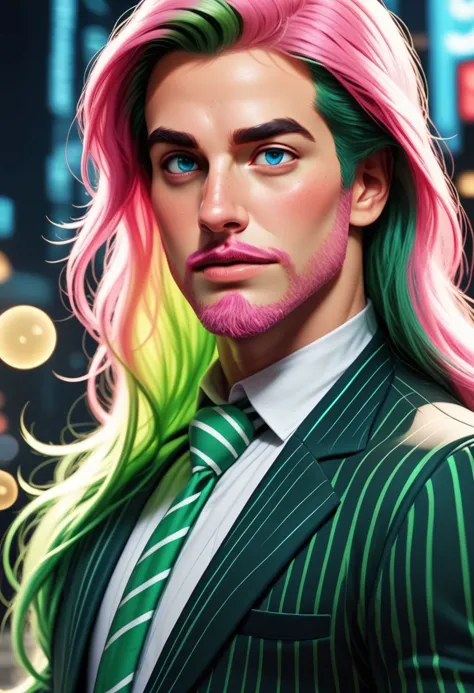 a close up of a person with a colorful hair and a suit