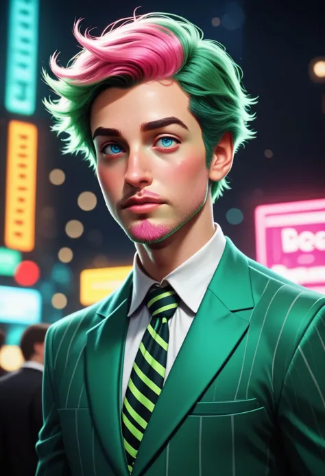 a man with a green suit and pink hair in a city