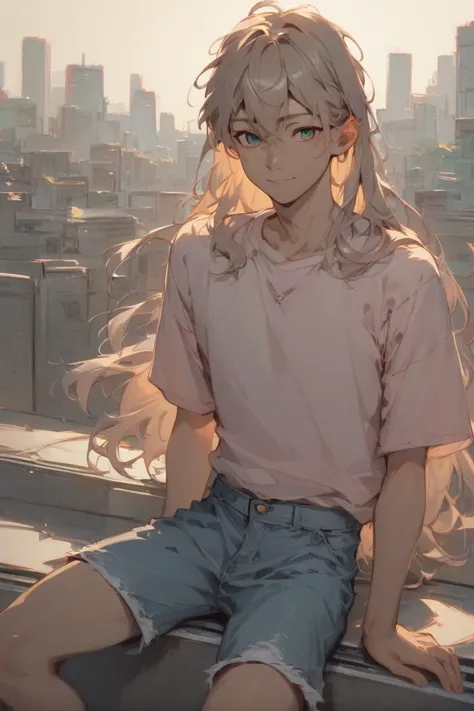 anime girl sitting on a window ledge with city in the background