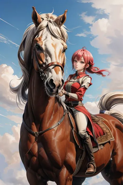 anime girl riding a horse with a red hair and white tail