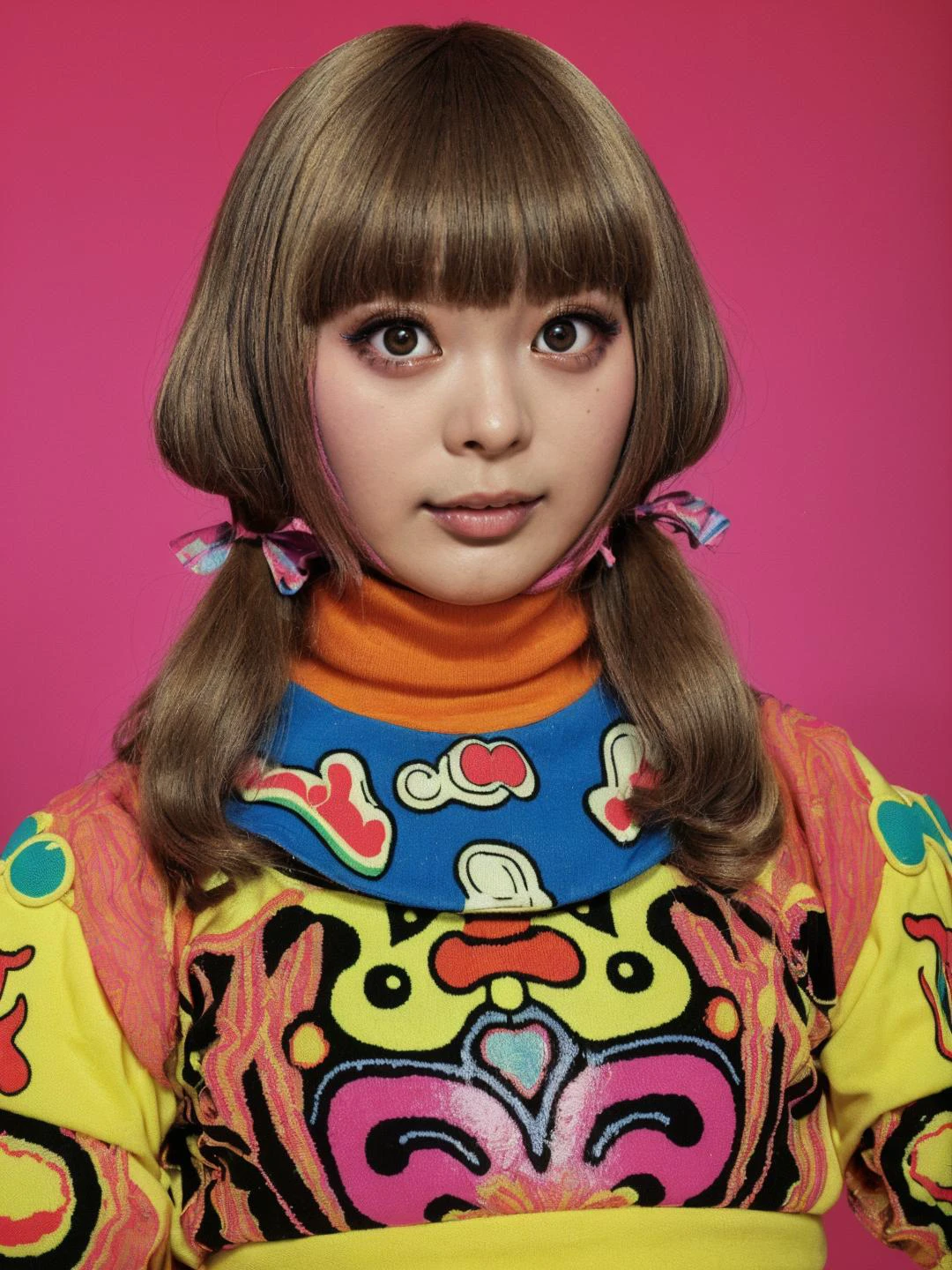 (colorful pop art, psychedelic photo by martin parr:1.2), (cute kyary:1.15), an japanese girl, girlish turtleneck, intricate light brown modern shag, primer, psychedelic colorful classroom, promotional image, kitsch movement, (vibrant colors:1.15)  