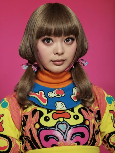 (colorful pop art, psychedelic photo by martin parr:1.2), (cute kyary:1.15), an japanese girl, girlish turtleneck, intricate lig...