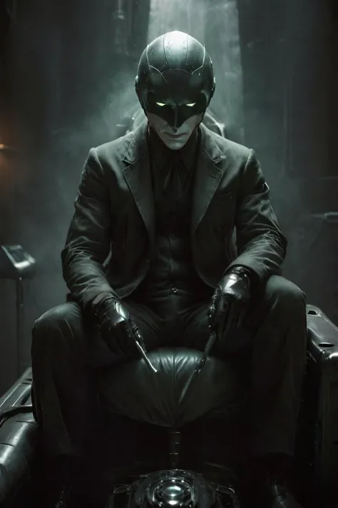 closeup,(white hat:1.3),joker(dc),(dressed impeccably in 1950s gentleman attire:1.2),Dark Photo of Capture the essence of mafia retro-futurism with this intriguing scene,a dimly lit office,(crutches:1.2),lounging in a cozy armchair,(gently caressing a creepy cyberanimals cybernetic cat:1),all while casting a contemplative smile towards the camera. Craft your own narrative inspired by this fusion of vintage style and futuristic technology. Let your imagination take flight in this unique blend of past and future.,
very detailed,atmospheric haze,Film grain,cinematic film still,shallow depth of field,highly detailed,high budget,cinemascope,moody,epic,OverallDetail,gorgeous,2000s vintage RAW photo,photorealistic,candid camera,color graded cinematic,eye catchlights,atmospheric lighting,skin pores,imperfections,natural,shallow dof,<lora:zavy-cntrst-sdxl:2>,. Bleak,post-apocalyptic,somber,dramatic,highly detailed,glowing eyes,portrait,<lora:Cinematic_Robot_Cyborg:0.4>,