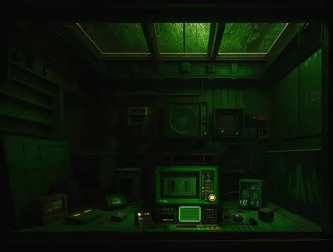 a green computer sitting on top of a wooden floor, rust, skratches, volumetric light, hyperrealism, intricate details, posing in forest, space station, ribbed glass, dark house, oscilloscope, after a riot, optimistic future,  <lora:oltopia_yiu_v10:0.6>