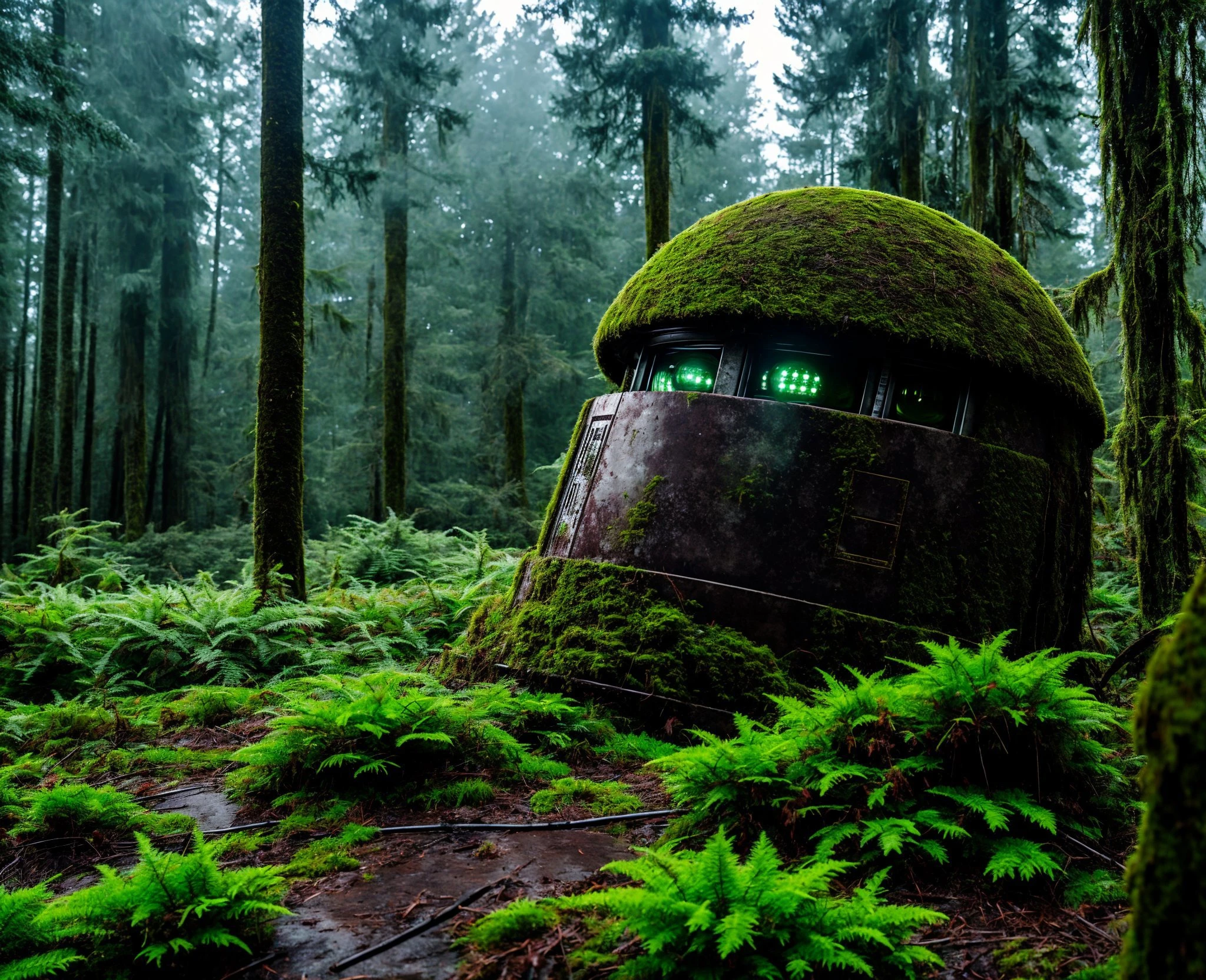 (raw photo:1.2), a strange looking object in the middle of a forest, robot concept portrait, mossy ruins, horror animatronic, swampy, grainy photorealistic, the wasteland, 