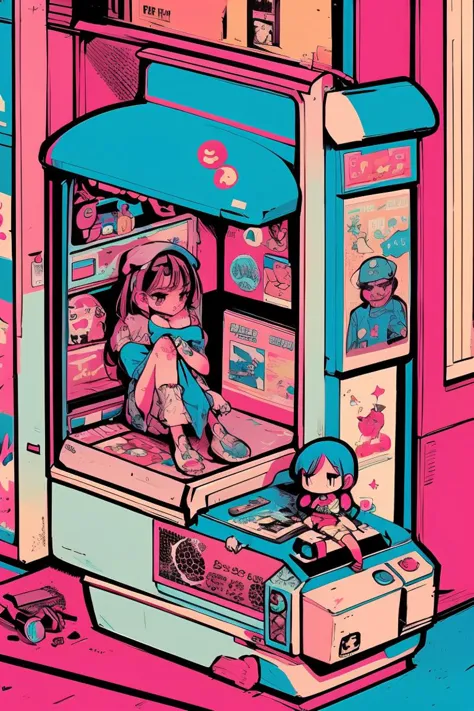 a cartoon image of a girl sitting in a small refrigerator