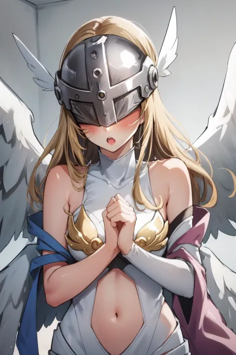 (masterpiece, best quality),  intricate details,
1girl,    angewomon, blonde hair, (covered eyes:1.7), long hair,, angel wings, bare shoulders, elbow gloves, feathered wings, gloves, head wings, helmet, navel, pink ribbon, ribbon, single elbow glove, single glove, thigh strap, wings, 
 ganbaruzoi, open mouth, :o, clenched hands, v-shaped eyebrows, upper body,