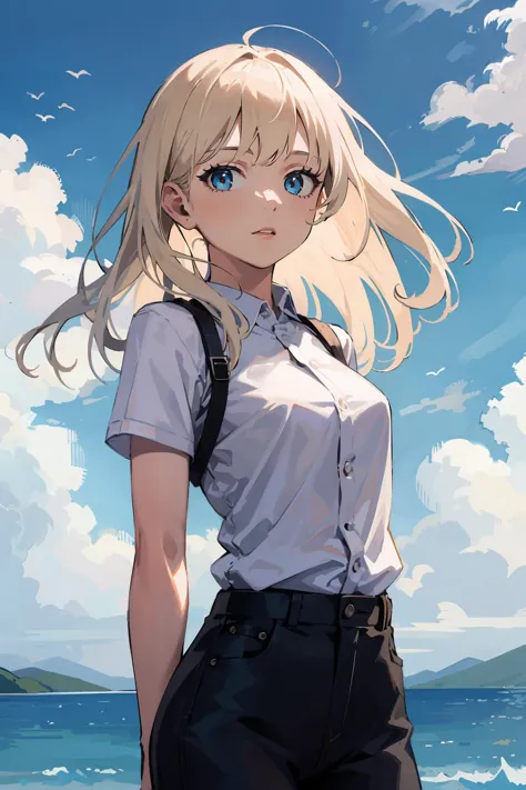 masterpiece,high quality,highres,1girl,solo,outdoors,<lora:wind-headwind-v1-wasabiya:1>,headwind,looking at viewer,long hair,(blue eyes , blonde hair),arms behind back,floating hair,