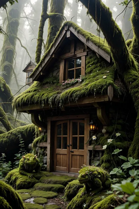 a close up of a small house in the woods with moss on the roof