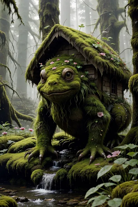 a close up of a frog sitting on a moss covered log