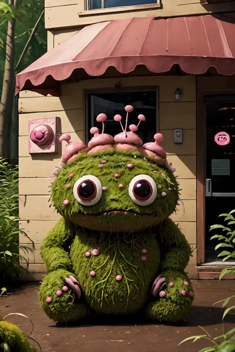 sentient donut shop, the shop has a happy expression, Face pareidolia, mossbeast style <lora:mossbeast:0.85> <lora:add_detail:0....