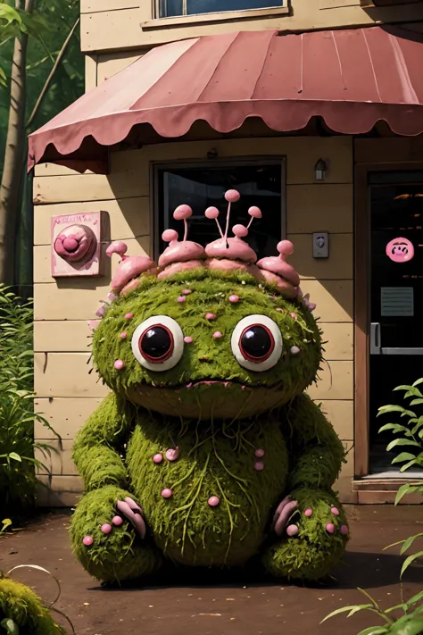 sentient donut shop, the shop has a happy expression, Face pareidolia, mossbeast style <lora:mossbeast:0.85> <lora:add_detail:0.5>