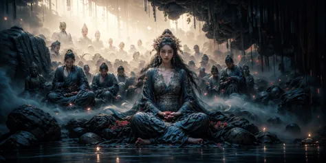 ((masterpiece), (best quality), ultra high res, (raw photo:1.2), (photorealistic:1.4), Exceptional detail, highres,   8k, absurdres, (smoke floating:1.3) incense, stone buddha,  (meditation:1.2), Chinese candle light, (((in cave))),
multiple girls, short d...