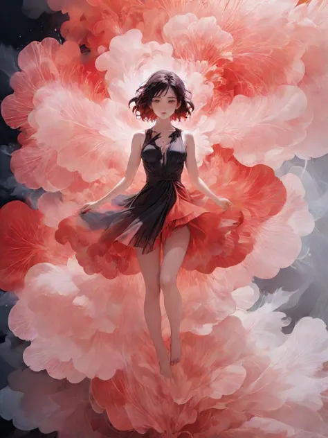 anime artwork (full body shot:1.5), a woman floating in the air, covered with black oil and red paint,surrounded by smoke, liqui...