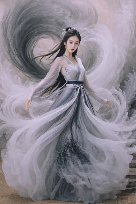 <lora:artDress2023:0.441>,wuxia girl,hanfu dress hem resembling smoke,fractal art,long hair,cyclone,arm up,full body