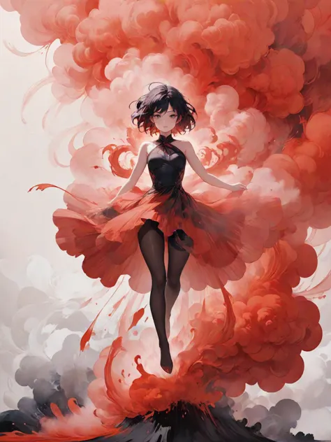 anime artwork (full body shot:1.5), a woman floating in the air, covered with black oil and red paint,surrounded by smoke, liqui...