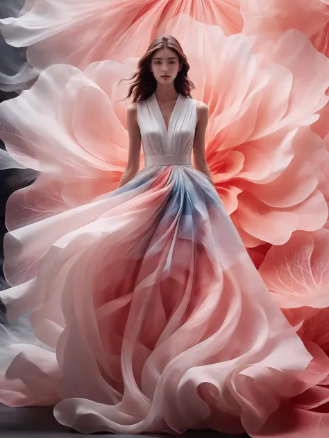 1girl,Petal skirt,A long dress hem resembling smoke,Petal pattern,long hair in the wind,Advanced sense,fashion,
still photograph...