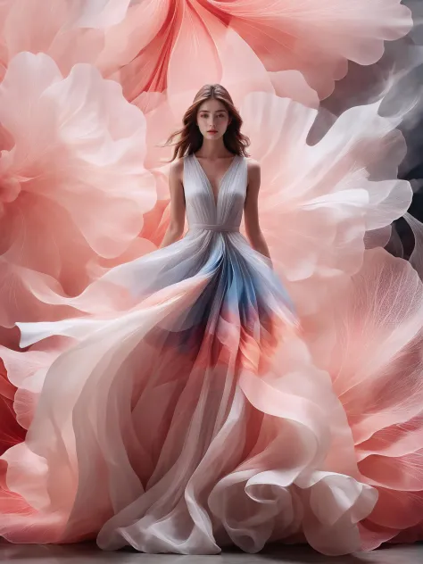 1girl,Petal skirt,A long dress hem resembling smoke,Petal pattern,long hair in the wind,Advanced sense,fashion,
still photograph...