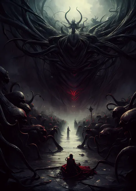 a man sitting in front of a giant demon surrounded by tentacles