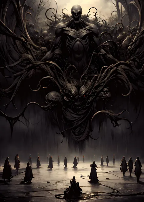 a group of people standing around a giant demonic creature