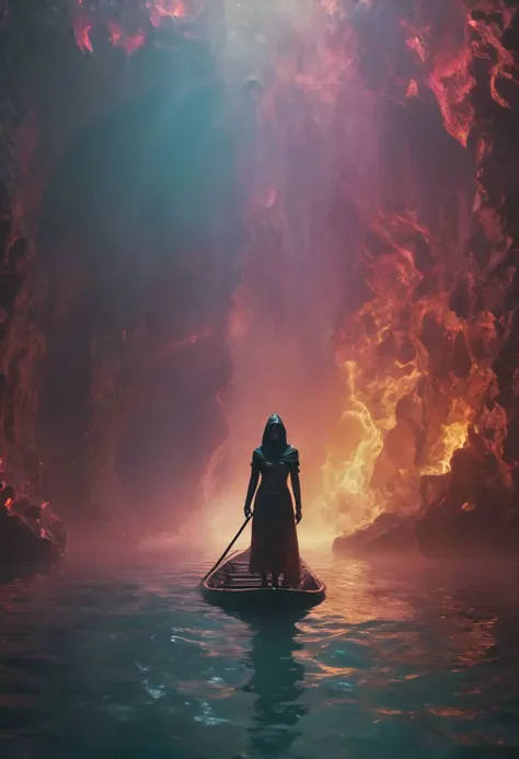 very dark focused flash photo, amazing quality, masterpiece, best quality, hyper detailed, ultra detailed, UHD, perfect anatomy, portrait, dof, hyper-realism, majestic, awesome, inspiring, Capture the eerie atmosphere as female busty Styx awaits on a raft in the underworld, shrouded in darkness with a hood pulled over her face, clutching a pulsating spear, ready to ferry me into Hades., mystic, ethereal, darkness, infront of hellish surreal colorful underworld, cinematic composition, soft shadows, national geographic style