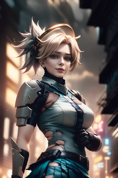 dark night scene, best quality, 1girl, (upper body:1.2), digital illustration, beautiful shapely corneo_mercy, (ragged and (torn short_black_skirt:1.2) and tactical gear:1.3), standing in the dark, (dynamic pose), (beautiful face with scratches), (soft ski...