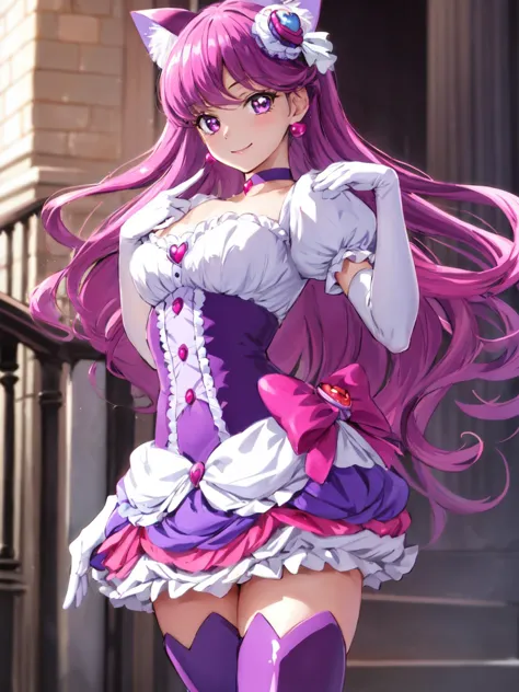 masterpiece, best quality, looking_at_viewer, depth_of_field, 
1girl, <lora:locon_cure_macaron:0.9>, cure macaron, precure:0.3, cat ears, purple thigh boots, macaron hair ornament, puffy short sleeves, elbow gloves, purple choker, 
upper body, smile,