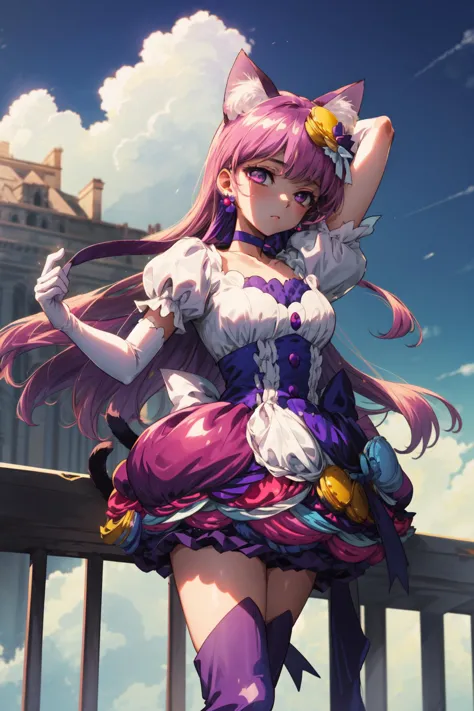 a woman in a dress and cat ears standing on a balcony