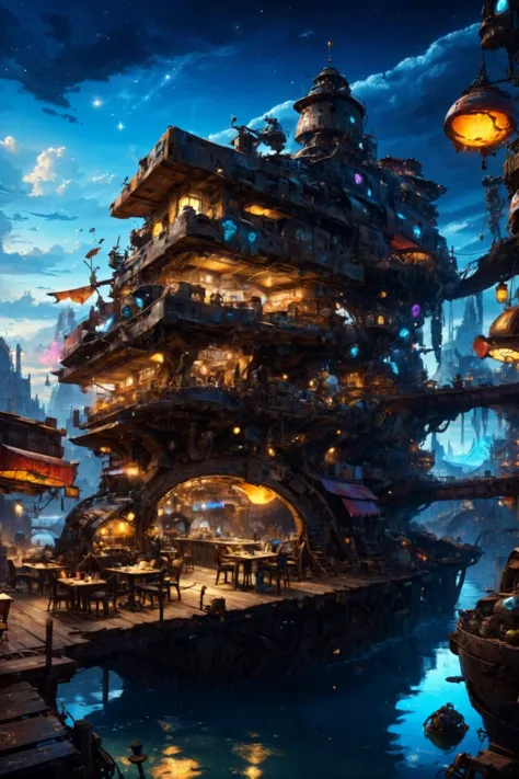 junkworld, fantasy, restaurant overlooking a river in a great fantasy sky topia edge of reality, masterpiece<lora:EnvyJunkworldXL01:0.5><lora:EnvyBetterHiresFixXL01:0:hr=1>