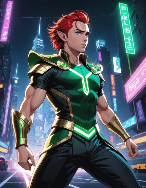 nvinkpunk, (masterpiece, best quality, ultra-detailed, highres, best illustration), 1boy, solo, male focus, (norse god loki), two tone hair, red hair, green hair, short hair, heterochromia, purple eyes , side lighting, lustrous skin, ray tracing, tshirt, pants, detailed hair, detailed face, depth_of_field, very detailed background, extreme light and shadow, (detailed eyes), perfect anatomy, Floating, dynamic angle, wide shot, full body, city scape, extreme light and shadow, night sky, outrun, electric light wires, neon outlines, illustrated, cinematic angle, foreshortening, dark, dark background, best illustration, masterpiece, best quality