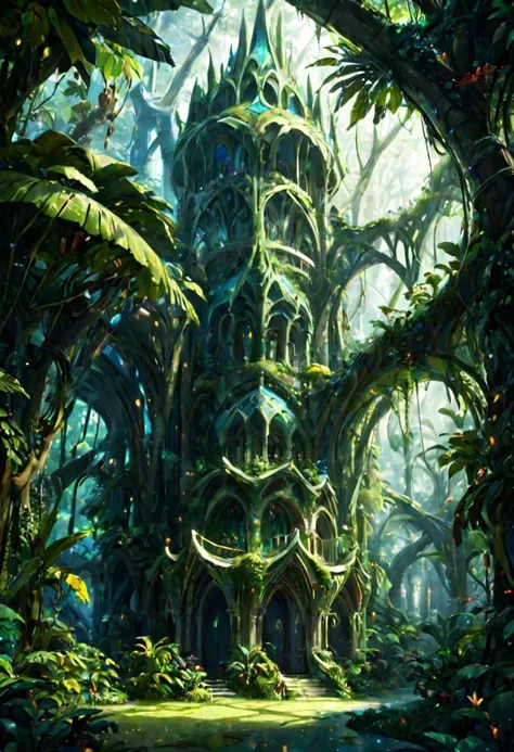<lora:EnvyElvishArchitectureXL01:0.75> elvish architecture, fantasy, fantasy, Tropical Rainforest<lora:EnvyBetterHiresFixXL01:0:...