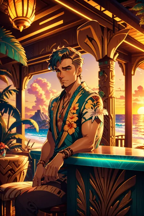 fantasy art deco, cinematic color grading, anime style, <lora:EnvyFantasyArtDecoXL01:1><lora:EnvySendNoodzXL01:0>1boy, man, ruggedly handsome, natural sunlight, interior, in a floral Tiki bar on a beach at sunset<lora:EnvyBetterHiresFixXL01:0:hr=1>