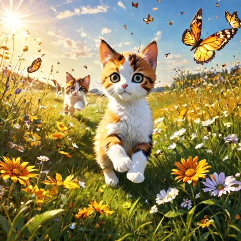 there are two cats running in a field of flowers with butterflies