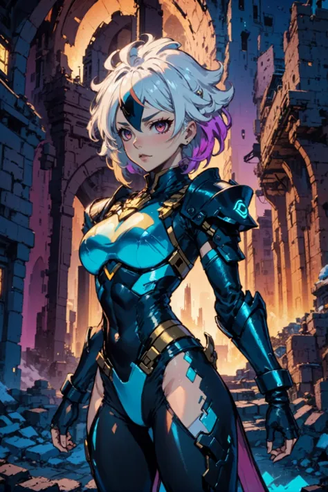 kyotopunk, cyberpunk, anime style, <lora:EnvyKyotopunkXL01:0.7><lora:EnvySendNoodzXL01:0>1girl, woman, arctic dervish villainess, sexy armor, pauldrons, bombshell hair, iridescent sunset hair, hair over one eye, toned body, athletic build, narrow waist, wide hips, small breasts, caucasian, (Majestic castle courtyard in a dilapidated,curry fantasy hillside arcology beyond the beginning of the universe, masterpiece:1)<lora:EnvyBetterHiresFixXL01:0:hr=1>