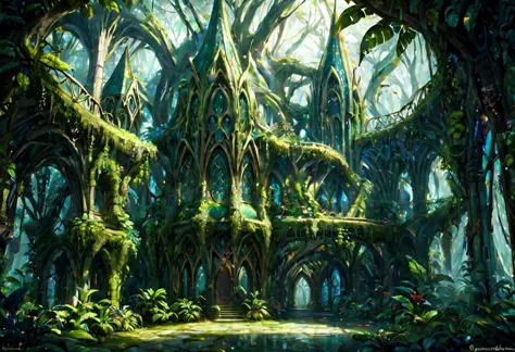 <lora:EnvyElvishArchitectureXL01:0.75> elvish architecture, fantasy, fantasy, Tropical Rainforest<lora:EnvyBetterHiresFixXL01:0:...