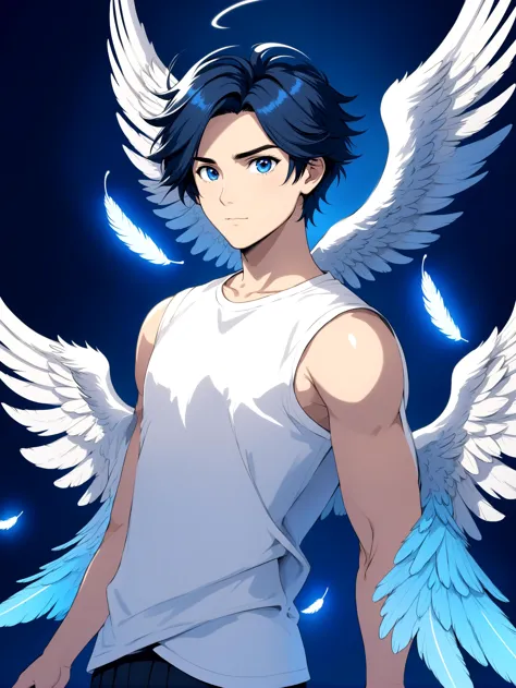 Duskfallcrew Art Style, masterpiece, official art, best quality, 1boy, angel, angel wings, feathered wings, blue theme, feathers, glowing wings, large wings, male focus, shirt, solo, spread wings, upper body, white feathers, white wings, winged arms, wings,, score_9_up, score_8_up, score_7_up, score_6_up, source_cartoon , <lora:dskart_ponyxl:1>