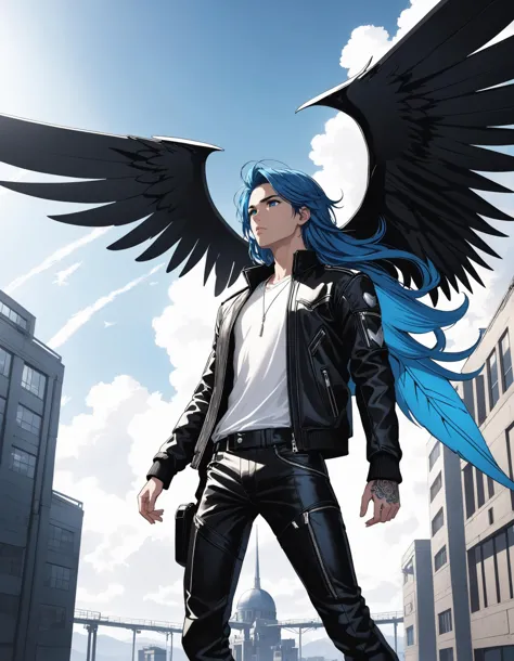 1 boy, Parker Edwards, male focus, solo, long hair, blue hair, shirt, wings, mechanical wings, long sleeves, jacket, leather , open jacket, black jacket, leather jacket, white shirt, hand up, tattoo, black pants, open clothes, standing, sky, day, pants, building, outdoors, cinematic lighting, cinematic angle, dark, dark background, masterpiece, best quality ,